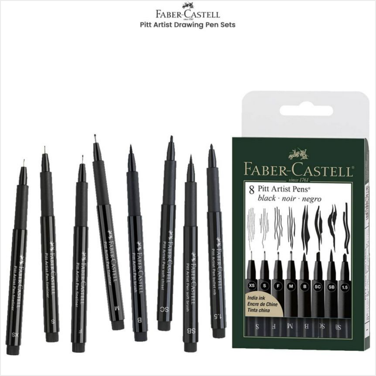Faber-Castell Pitt Artist Pen Black – Wallet of 8 Assorted Nibs